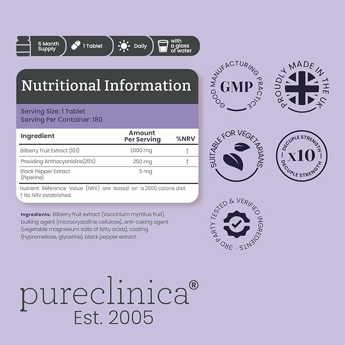 Bilberry Extract 10,000mg x 360 Tablets (2 Bottles) - 10 X More Anthocyanidins per Tablet Than Most Others - and 5mg Black Pepper Extract for 300% Increased Absorption