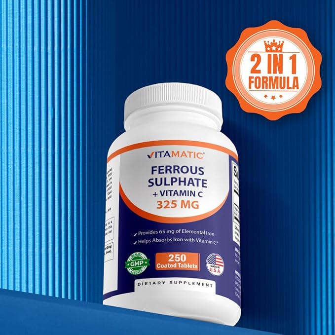 Vitamatic Ferrous Sulfate 325 mg with Vitamin C 100 mg (65 mg Elemental Iron) – High Potency Iron Supplement – No Artificial Colors – 250 Coated Tablets, Made in USA