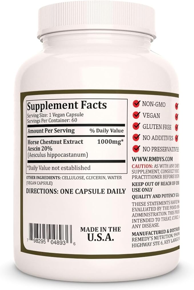 Remedy's nutrition Horse Chestnut Extract Aescin 20% - 1,000mg, 60 Vegan Capsules Herbal Dietary Supplement - 2 Month Supply
