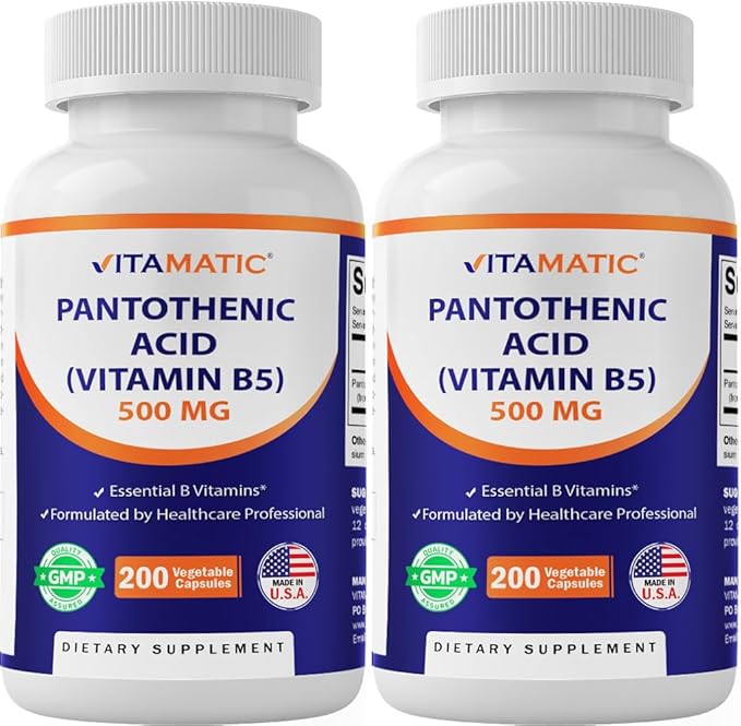 Vitamatic Pantothenic Acid (Vitamin B5) 500 mg- 200 Capsules - 2 Pack