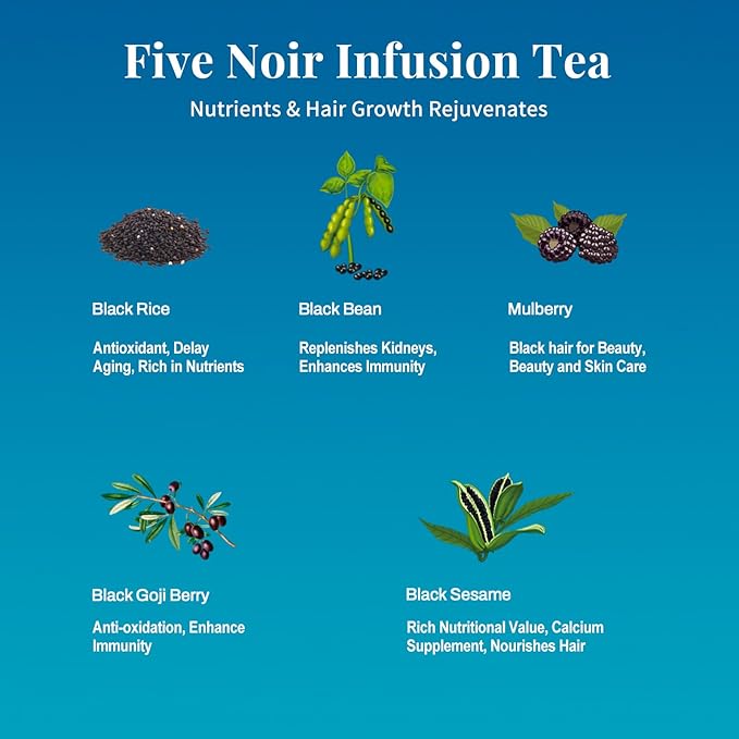 Five Noir Herbal Tea Bag for Immunity Energy, Five Treasure Tea Kidney Teas, Leafberry Wellness Functional Herbal Tea Hair Growth Rejuvenates Natural Black Rice Beans Mulberries Gift Box 10 Bags