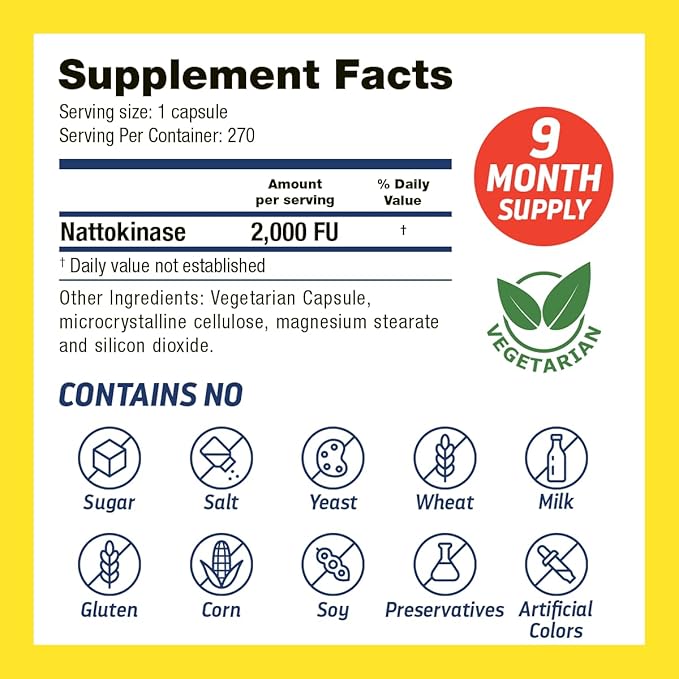 Nattokinase 2000 FU - Nattokinase Supplement Supports Cardiovascular Health and Healthy Blood Circulation - Non-GMO, Gluten-Free, 270 Veggie Capsules, Made in The USA