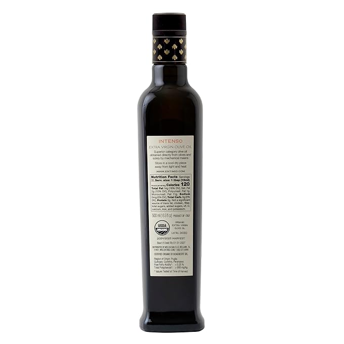 Entimio Intenso +900 mg/kg Polyphenol Rich Organic Extra Virgin Olive Oil, New 2024-2025 Early Harvest Italian Olive Oil from Puglia, Italy, 2025 Gold Winner, Cold Extracted, Lab Tested - 16.9 fl oz