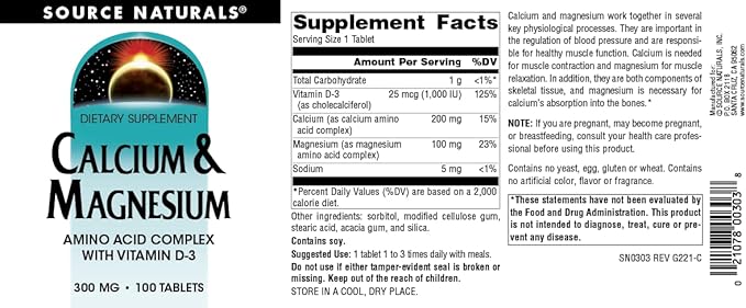 Source Naturals Calcium & Magnesium, Amino Acid Chelate with Vitamin D-3, 300 MG - 100 Tablets