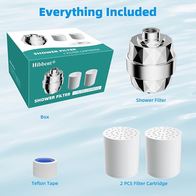 Hibbent Shower Filter for Hard Water, High Output Shower Head Filter to Remove Chlorine and Fluoride, 20 Stage Showerhead Filter, Shower Water Filter with 2 Replaceable Filter Cartridges, Chrome
