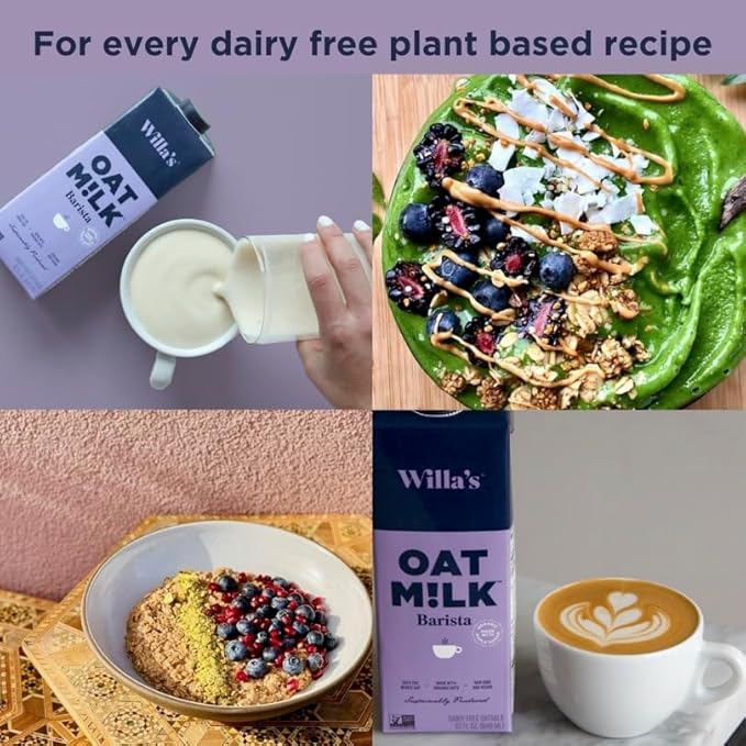 Willa's Organic Barista Oat Milk - Barista Blend Unsweetened Oatmilk and Creamer, Non-GMO, Shelf Stable, Low Sugar, Non-Dairy Milk, Made from Whole Grain Oats, For Foams and Froth, 32oz, Pack of 1