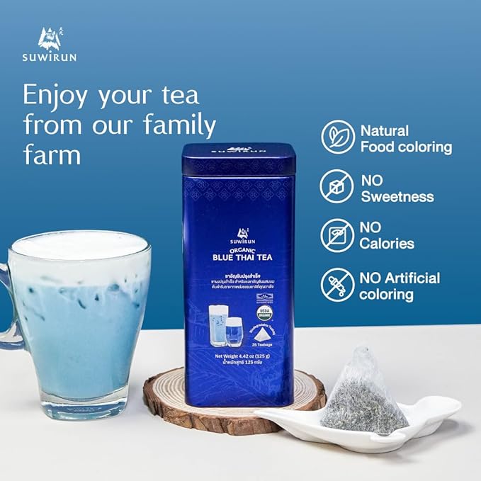 Suwirun Organic Blue Thai Tea 25 Bags โ Naturally Blue Butterfly Pea Tea โ Floral Aroma with Vanilla & Green Tea โ Great for Hot, Iced & Milk Tea