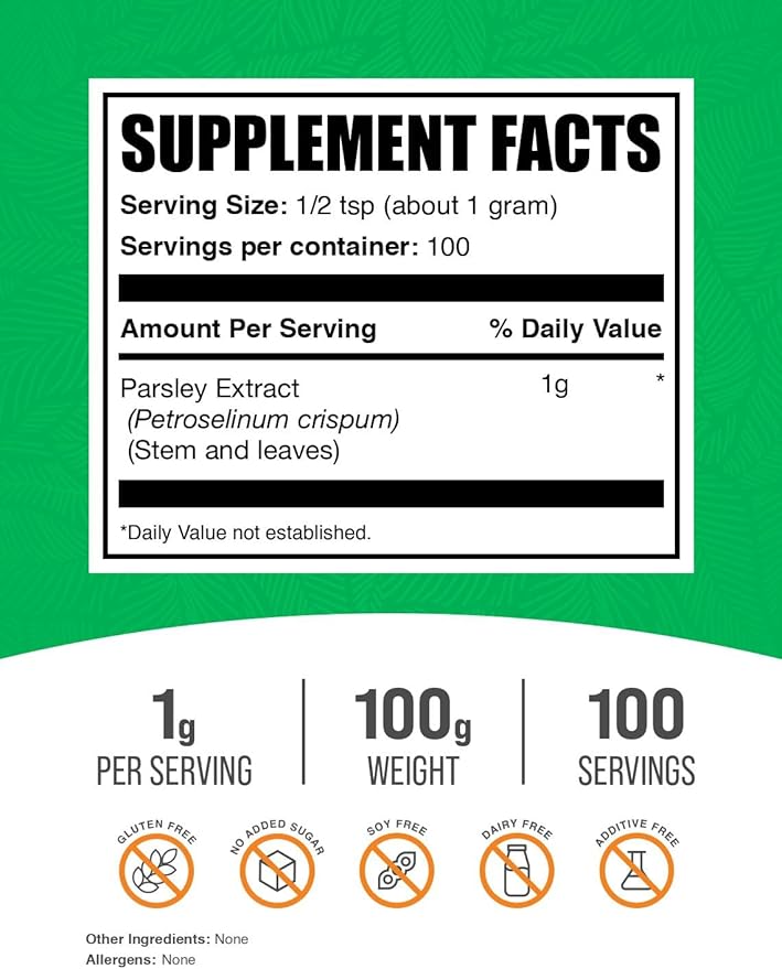 BulkSupplements.com Parsley Extract Powder - Parsley Supplement, Antioxidant Source, Herbal Supplement - Gluten Free, 1g per Serving, 100g (3.5 oz) (Pack of 1)