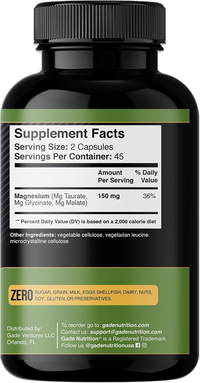 Gade Nutrition Triple Magnesium Complex with Magnesium Glycinate, Magnesium Malate & Magnesium Taurate | Pure Magnesium Supplement for Sleep and Calm, Veggie Capsules | Made in USA