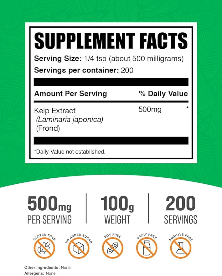 BulkSupplements.com Kelp Extract Powder - Kelp Supplement, Brown Seaweed Extract, Seaweed Powder - Gluten Free, 500mg per Serving, 100g (3.5 oz) (Pack of 1)