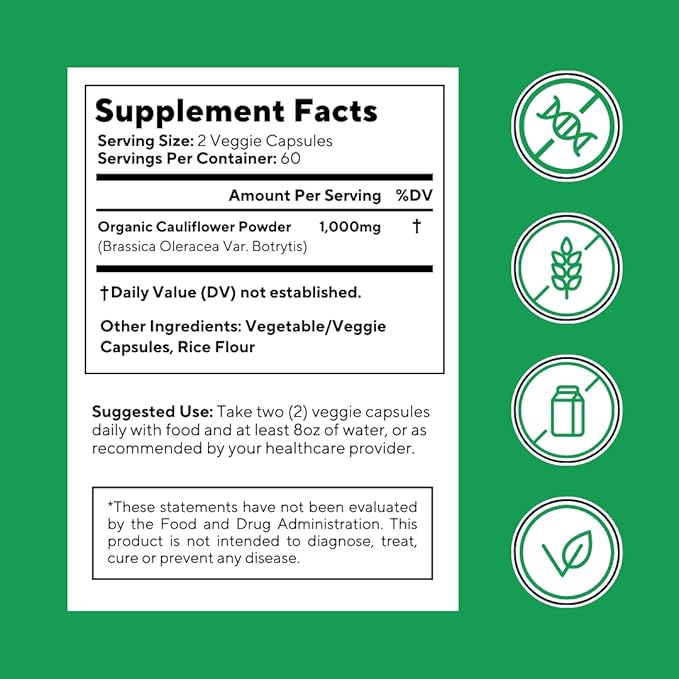 Organic Cauliflower Superfood Veggies Powder Supplement - Natural Sulforaphane, Vitamins, Minerals for Digestion, Energy, Antioxidant Support - 120 Vegetable Capsules, Non-GMO, Gluten-Free
