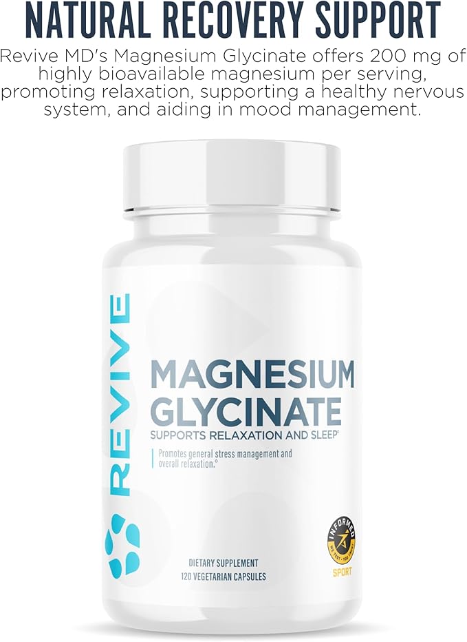 Revive Pure Magnesium Glycinate Capsules 200mg MD - High Absorption Supplement for Relaxation & Stress Relief - Organic Memory & Sleep Support Pills for Strong Bones, Normal Nerve & Muscle Function