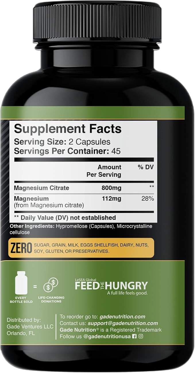 Gade Nutrition Pure Magnesium Citrate Supplement | Calm Magnesium for Sleep | Nature Made Magnesium in Veggie Capsules | Citrato de Magnesio | Magnesium Supplement Made in USA