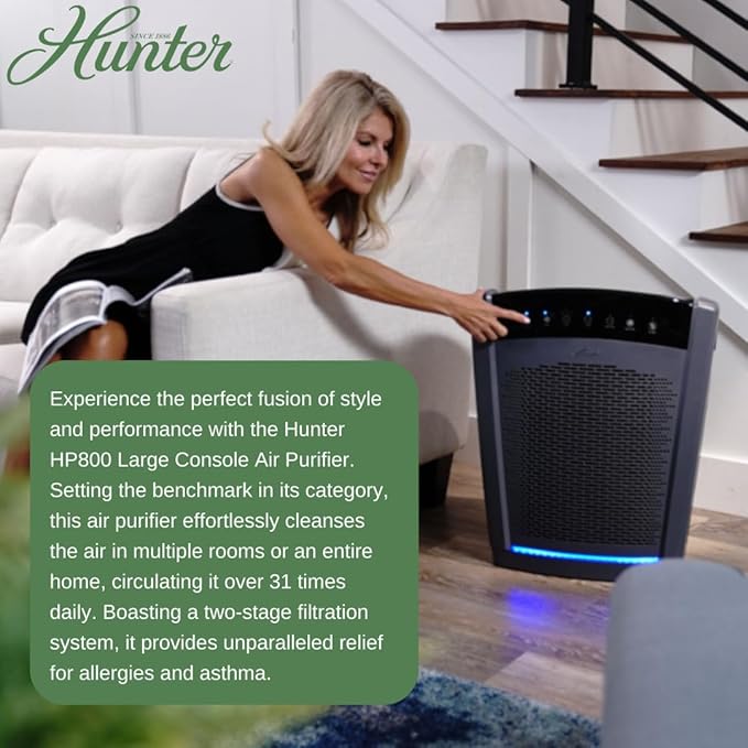 Hunter HP800 Air Purifiers for Home Large Room and Bedroom. True HEPA Air Purifier for Pets, Odors, Allergens, Smoke, Dust, VOC's. Value Bundle w/Extra Filter. Cleans 2585 Ft² per hour. Black