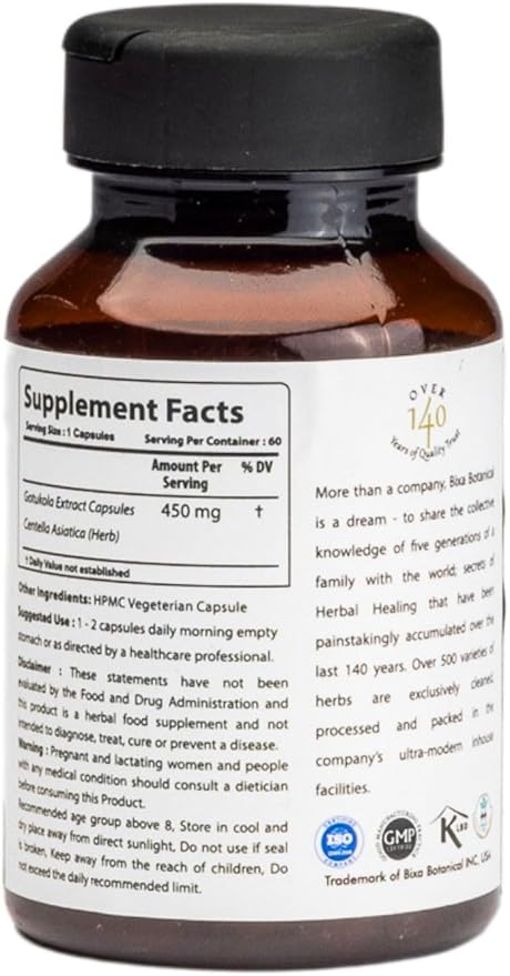 bixa BOTANICAL Ayurvedic Natural Herbal Supplement Gotu Kola (Centella Asiatica) Pure Authentic Premium Quality | Improve Overall Health (60 Count (Pack of 1), Gotu Kola Extract Capsules)