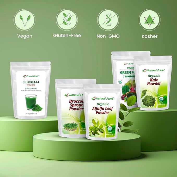 Z Natural Foods Organic Green Powder Supergreens, Superfood Powder, Antioxidant-Rich, Nutrient-Dense Greens Blend, 100% Natural Superfood, Vegan, Gluten Free, Non-GMO, Kosher, 5 Lb