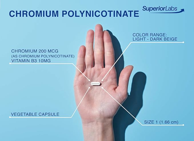 Superior Labs Chromium Polynicotinate 200mcg with Vitamin B3, Non-GMO, High Absorption Niacin-Bound Supplement, Supports Healthy Blood Sugar Levels and Metabolism, 100 Veg Caps, 14-Week Supply