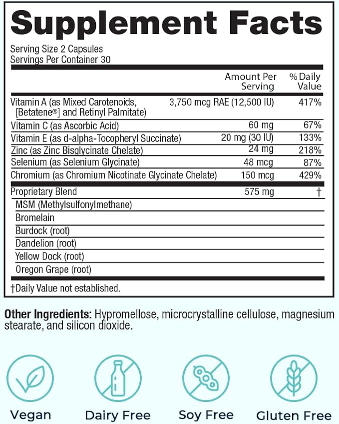 VitaMedica Clear Skin Vitamin Formula | Noncystic Acne Supplement for Skin Clearing | Breakout Treatment for Women and Men | Vitamins A, C, E, Selenium, Chromium, and Zinc for Skin Health | 2 Pack