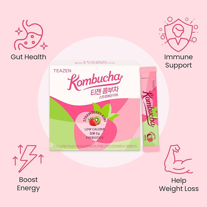 TEAZEN Strawberry Kiwi Kombucha Tea, Hydration Drink Mix, Sugar Free, Live Probiotics & Prebiotics, 30 Sticks, 5.29oz