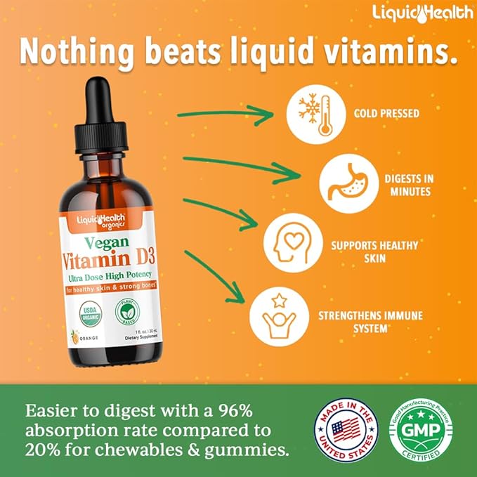 LIQUIDHEALTH Vitamin D3 5000 IU, USDA Organic Vitamin D Liquid Drops for Adults & Kids, Vegan Vitamin D for Immune System Support, Bone Health, Mood Support, Healthy Skin - Made in USA (2 oz)