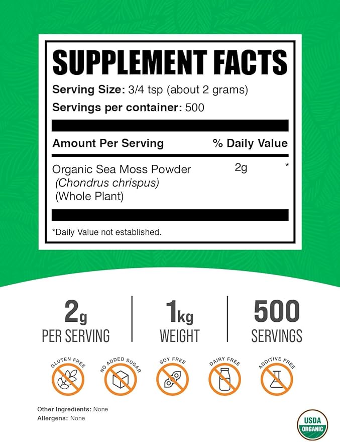 BulkSupplements.com Organic Irish Sea Moss Powder - Sea Moss Supplement, Superfood Supplement - Vegan & Gluten Free, 2g per Serving, 1kg (2.2 lbs) (Pack of 1)