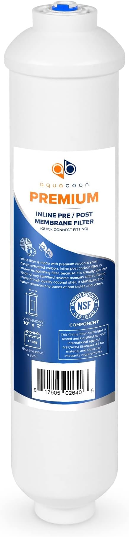 Aquaboon Premium Inline Post/Carbon Polishing Water Filter Catridge for Reverse Osmosis System Standard Size (Quick Connect Fiting) RO Water Filter Replacement Compatible with ICF-10 2-Pack