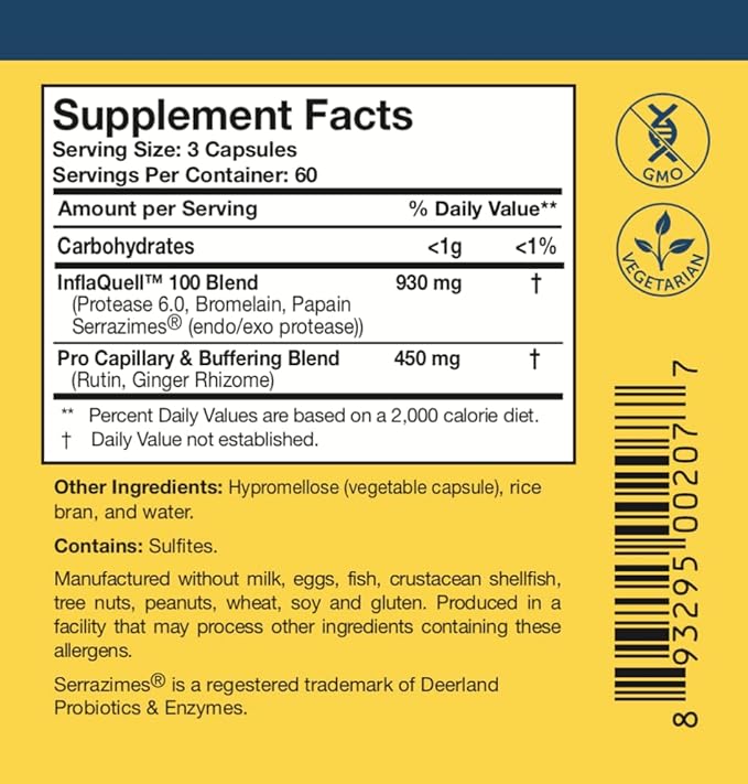 Researched Nutritionals InflaQuell - Vegetarian Proteolytic Enzymes, Ginger & Rutin Supplement for Inflammation Response, Vascular & Respiratory Support (180 Capsules)