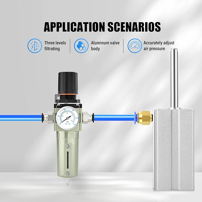 1/2" NPT Heavy Duty Industrial Grade Air Compressor Moisture Filter, Manual Drain, Particulate Filter and Air Regulator For Plasma Cutter and Paint Spray