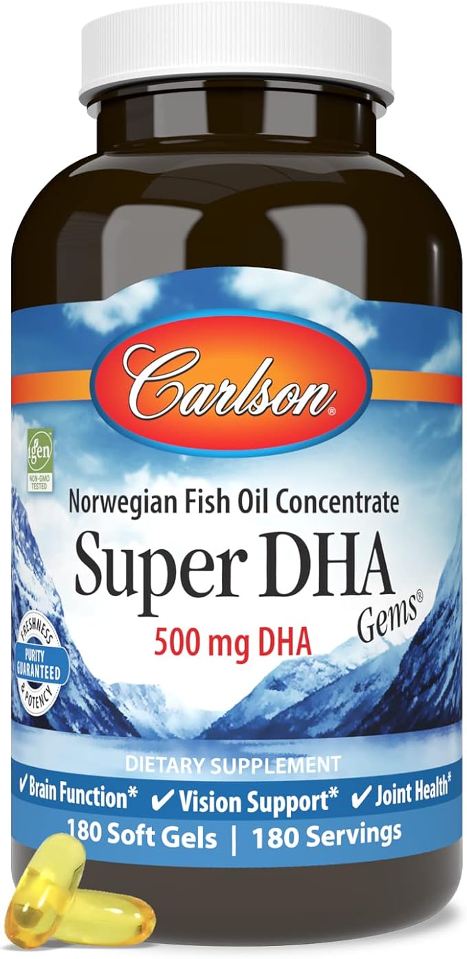 Carlson - Super DHA Gems, 500 mg DHA Supplements, 640 mg Fatty Acids, Wild-Caught Norwegian Arctic Omega 3 Fish Oil Supplement, Sustainably Sourced Fish Oil Capsules, 180 Softgels