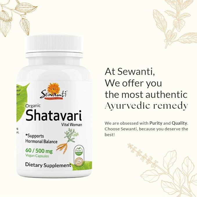 Sewanti Shatavari Capsules – Herbal Supplement for Female Hormonal Balance, Healthy Reproductive and Lactation 60 Vegan Capsules - 500mg
