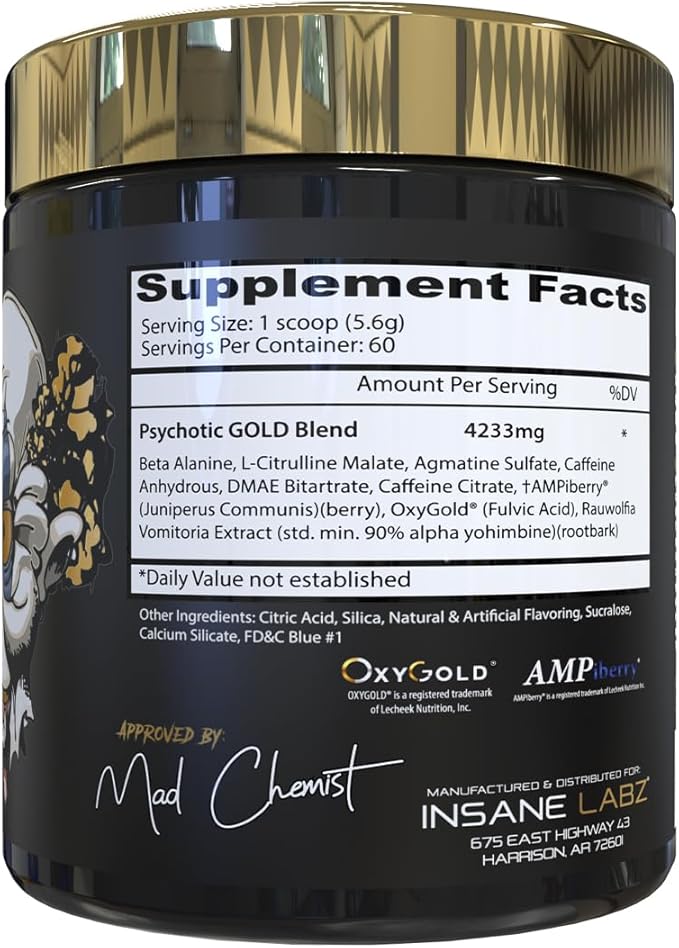 Insane Labz Psychotic Gold, High Stimulant Pre Workout Powder, Extreme Lasting Energy Focus, Pumps and Endurance with Beta Alanine, DMAE Bitartrate, NO Booster (60 Servings, Blue Punch)