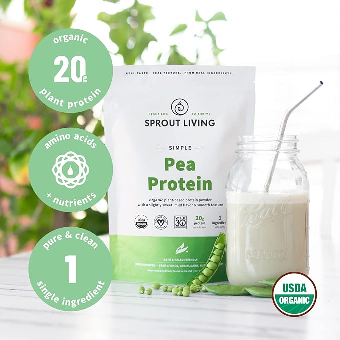 Sprout Living Organic Pea Protein Powder, Unflavored, 20 Grams of Plant Based Organic Protein Powder Without Artificial Sweeteners, Non Dairy, Non-GMO, Vegan, Gluten Free (5 Pound, 95 Servings)