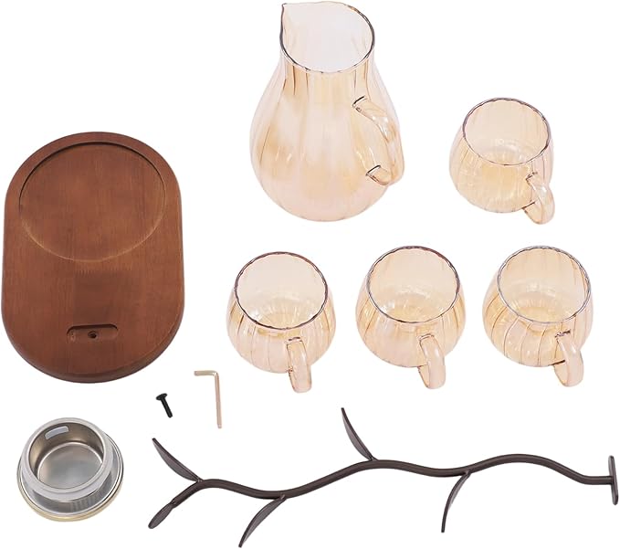 1.5L/50.72 oz Glass Pitcher with Lid & Filter, 6-Pcs Glass Pitcher Set Jug with 6 Water Glasses & Cup Storage Shelf Glasses Water Carafe for Hot/Cold Tea Beverage Large Jug for Iced Juice