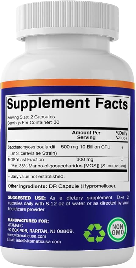 Vitamatic Saccharomyces Boulardii Probiotic 10B per Serving + Yeast Extract (MOS Yeast Fraction) 300 mg - 60 DR Capsules - Made in The USA