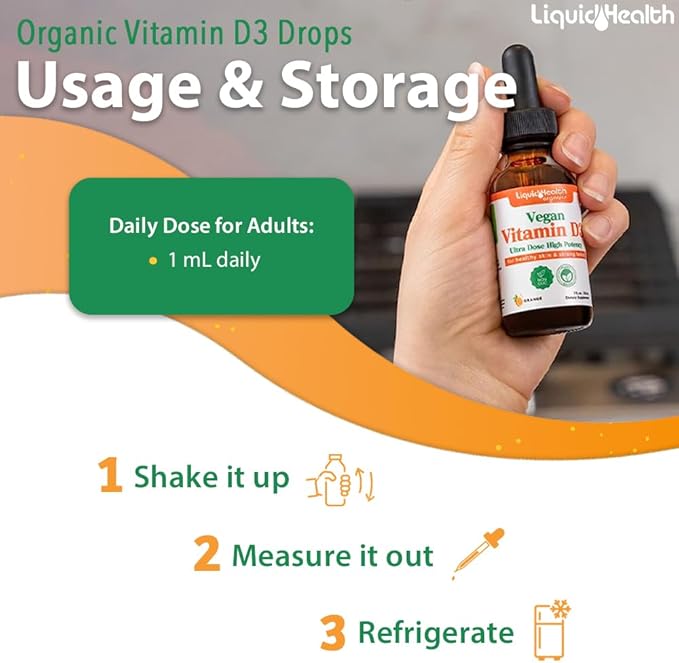 LIQUIDHEALTH Vitamin D3 5000 IU, USDA Organic Vitamin D Liquid Drops for Adults & Kids, Vegan Vitamin D for Immune System Support, Bone Health, Mood Support, Healthy Skin - Made in USA (2 oz)