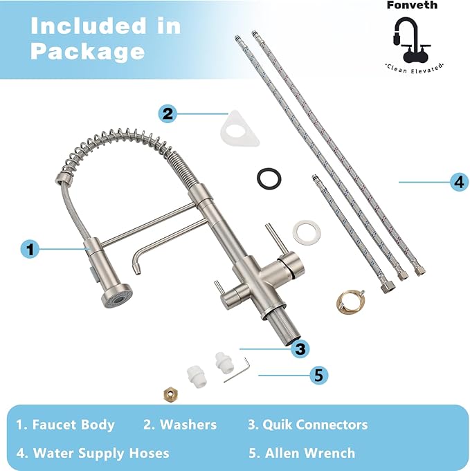 3 Way Kitchen Faucet, Drinking Water Faucet, Filter Kitchen Faucet for Water Filtration System, 3 in 1 Commercial Style Pull-Down 2 Handles, Brushed Nickel