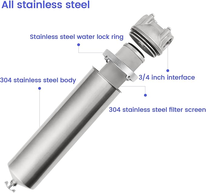 Amwater NSF/ANSI 42 Stainless Steel Whole House Water Filter Housing, 10" x 2.5" Sediment Water Filter System for Heavy Duty, Well & City Water, 3/4" NPT Port, Drain Valve Style A