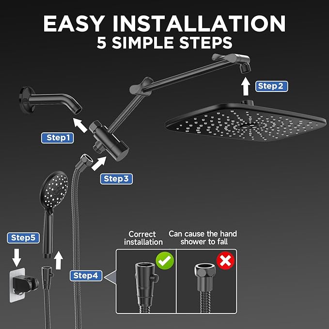 Veken 11.8'' Rain Black Shower Head with Handheld Spray Combo, Extension Arm for Rainfall showerhead, Muti-modes Massage High Pressure Hand Held Shower Heads with Hose, Anti-Clog Nozzles & Bathroom