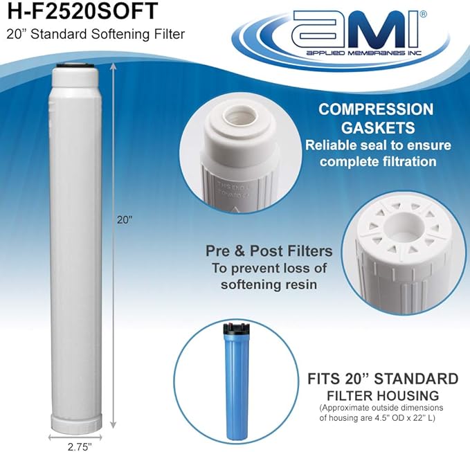 Water Softening Filter Cartridge | 20" Standard Universal Size | Ion Exchange Filter Softens Water | Great for Espresso and Washing Machines (20" Standard | 1 Pack)