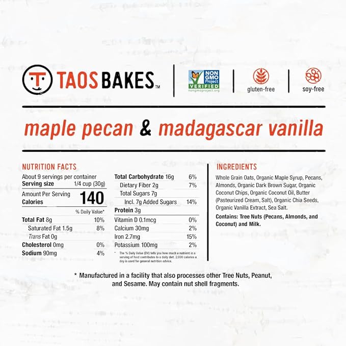 Taos Bakes - Maple Pecan & Madagascar Vanillar Granola - Crunchy Granola Breakfast Snack - Gluten Free, No GMOS, No Fillers - 10 oz (Pack of 6)