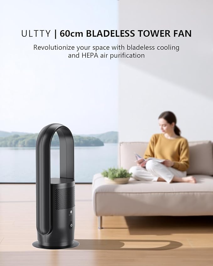 ULTTY Bladeless Tower Fan and Air Purifier in one, 90° Oscillating Bladeless Fan with Remote, Touch, 8H Timer, Floor Fans for Bedroom Whole Room Home Office R021, Black