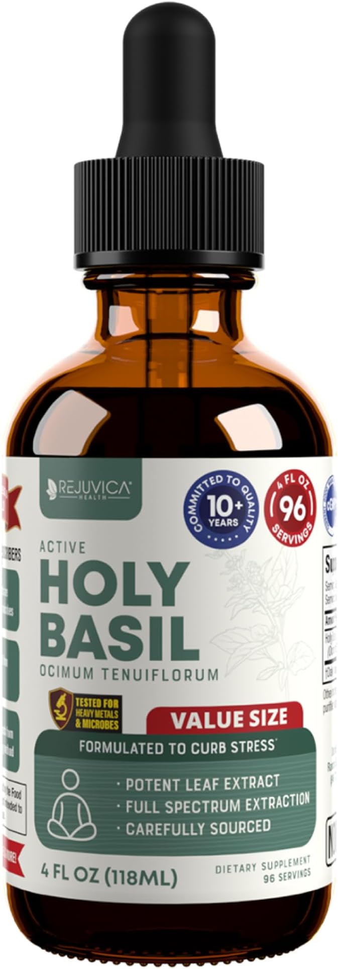 Rejuvica Health Active Holy Basil 4oz XL Super Size - Advanced Stress Support Supplement Drops - Holy Basil Leaves Liquid Extract - Vegan Sugar Free Non GMO Tincture