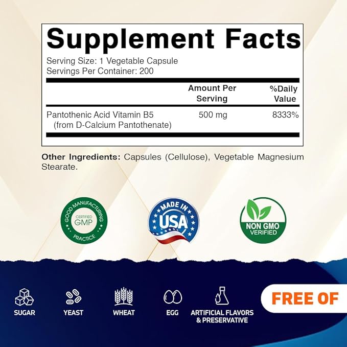 Vitamatic Pantothenic Acid (Vitamin B5) 500 mg- 200 Capsules