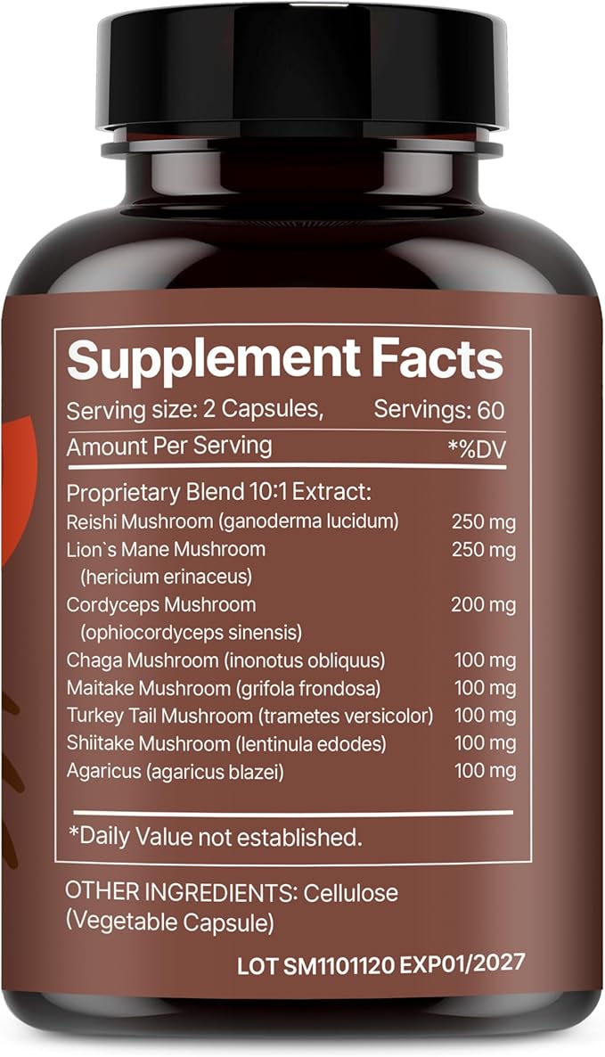 Super Mushrooms 8-in1 120 Capsules - Brain Booster & Immune Support Drops - Reishi, Lion`s Mane, Cordyceps, Chaga, Mitake, Turkey Tails, Shiitake, Agaricus - High Potency Extract