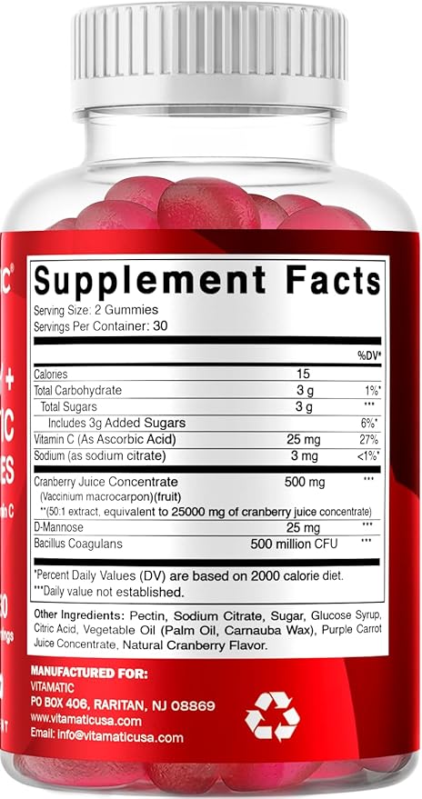 Vitamatic 2 Pack Vegan Cranberry Gummies with D-Mannose, Probiotic & Vitamin C for Women Urinary Tract Health - 25000mg Equivalent Per Serving (from 50:1 Extract 500 mg) - 60 Count
