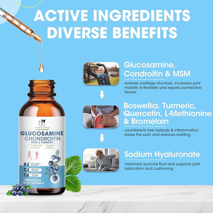 Glucosamine Chondroitin MSM Liquid Drops - Joint Support Supplement with Turmeric Boswellia, Bromelain, Hyaluronic Acid, Relief for Back, Knees & Hands,Blueberry Flavor, 2 Fl Oz