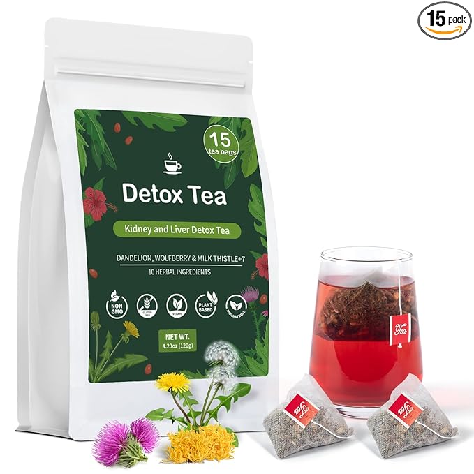 Liver Detox Tea Natural, Liver Cleanse Detox & Repair Dandelion Milk Thistle Tea Support Kidney Health, 10 Precious Ingredients Formula Herbal Teabags for Men & Women (1 Pack/15 Bags)