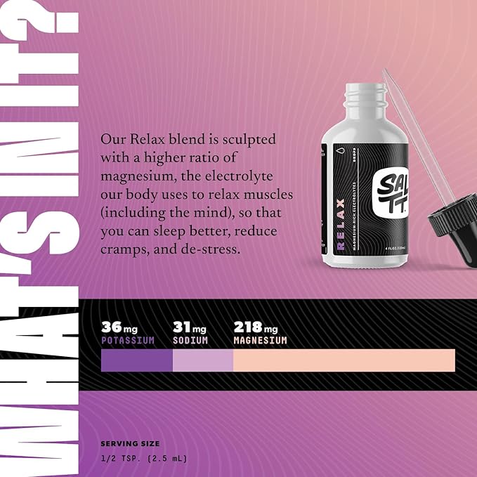 SALTT Relax Magnesium Drops - Ionic Magnesium Chloride w/Sodium, Potassium, Electrolytes - Trace Minerals Drops - Gluten Free, Sugar Free, Keto Friendly - from Utah's Great Salt Lake - 4 fl oz
