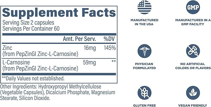 Revive MD Zinc Carnosine Supplement for Men & Women - Zinc & L-Carnosine to Support GI, Stomach Lining & Immune Health - Digestive Health Supplements Supports a Healthy Gut - 120 Vegetarian Capsules