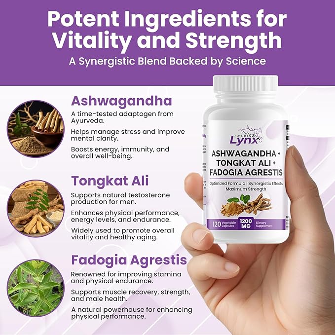 SUPER SUPPLEMENTS Ashwagandha Capsules + Tongkat Ali + Fadogia Agrestis - 120 Capsules, Organic Ashwagandha Supplement - Vegan Ashwagandha Root, Gluten-Free, Non-GMO, for Stress Relief, Energy & Sleep